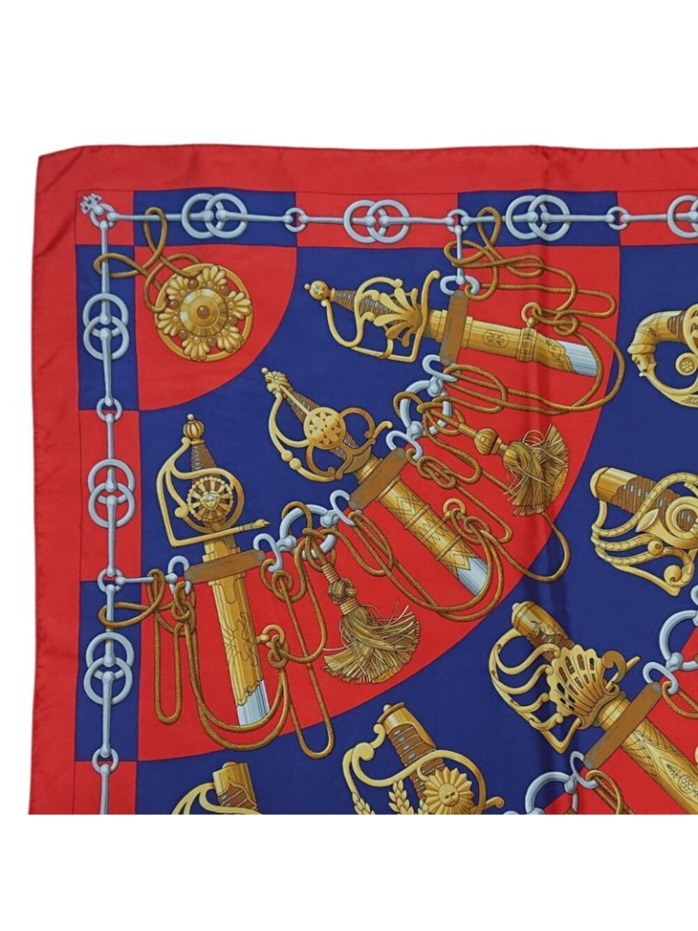 Hermes Carre 90 Cliquetis Silk Scarf Red Navy Gold - Picture 4 of 16